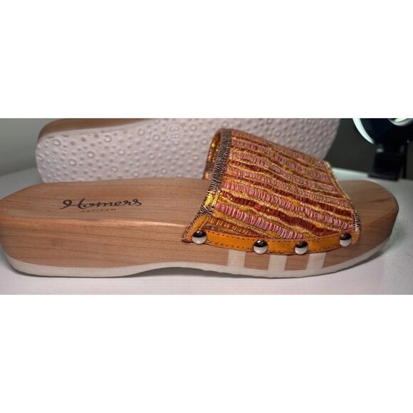 Homers Women's 9.5 Slide Clogs Bronze Metallic Striped Wood Platform Sandals - Picture 1 of 13